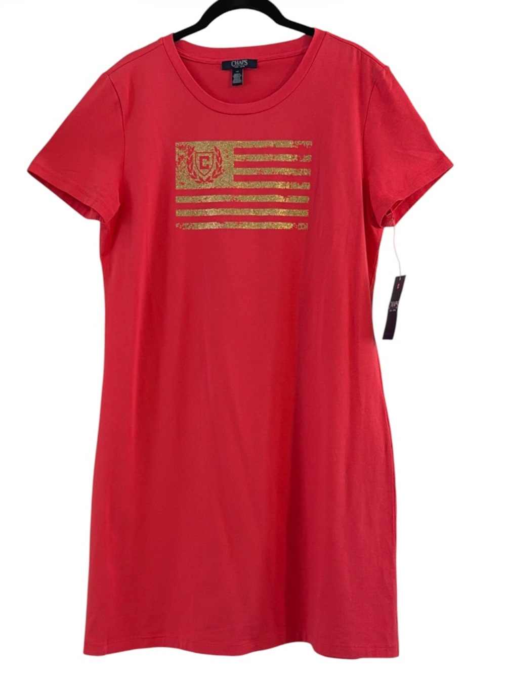 NWT Chaps Tangerine Orange T-Shirt Dress Gold Flag Graphic Crest Sixe L